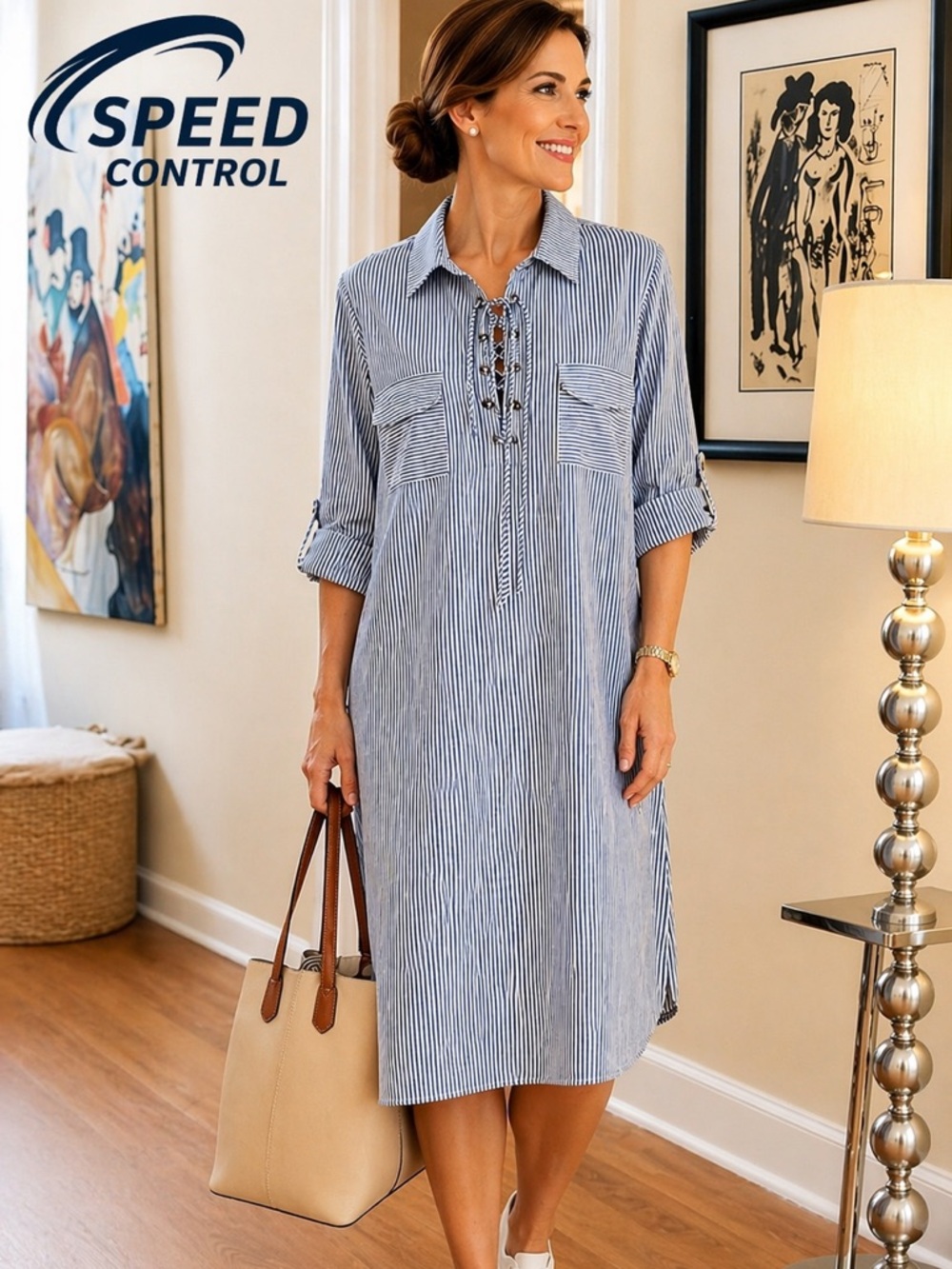 Speed Control,Slimming Blue/White Striped Long Sleeve Shirt Dress,eUC,Size 3X